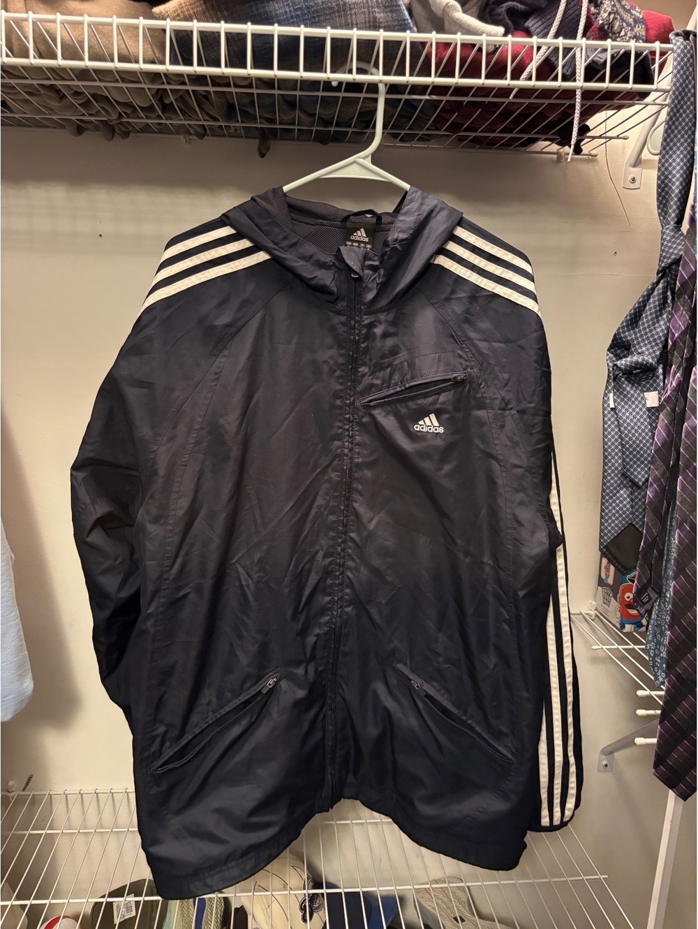 Adidas Black Hooded Track Jacket with White Stripes, Men's M